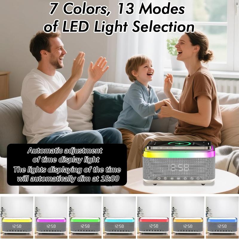 Despertador de Rádio de Cabeceira, Despertador com Carregamento Sem Fio de 15W, Alto-falante Bluetooth, Carregador Sem Fio, 13 Efeitos de Iluminação LED, Rádio FM, Carregamento USB