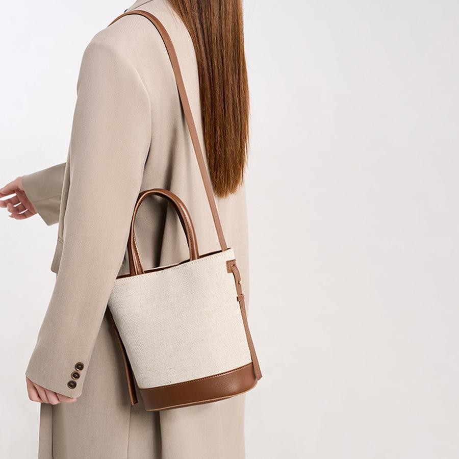 Fashi Versatile PU Canvas Bucket Shoulder and Crossbody Bags Simple Casual Sense of Luxury Retro Handbags for Women