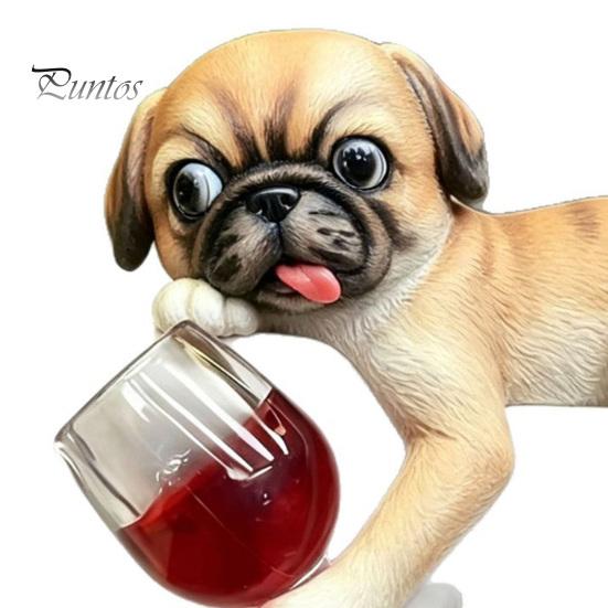 Creative Planter Edge Decor Lying Pug Statue for Planter, Dog Figurine with Red Wine Tabletop Animal Ornament Glass, Cute Resin Flower Pot Decoration