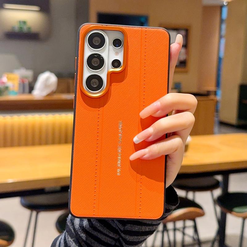 Luxury Cross Texture Leather Design Case For Samsung Galaxy S26 S25 Plus Edge Ultra Slim Orange Camera Ring Shockproof Cover