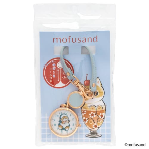 Fieldwork Mofusand Women's Analog Pocket Watch Keychain Watch with Reel, Reel KC Watch J Shark Nyan 2 Design, Blue, MSD007-4