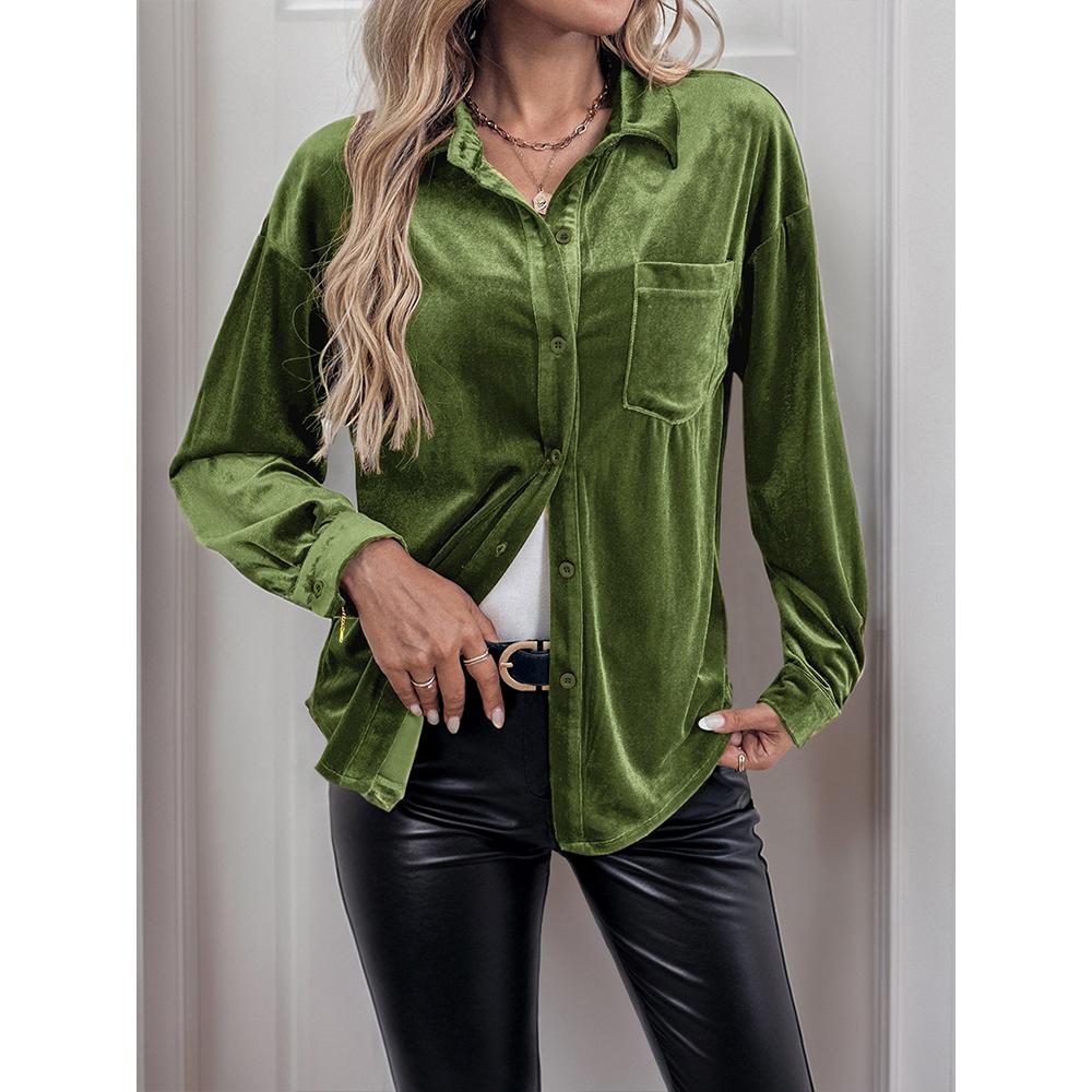Damen Samt Button-Down Hemden Herbst Schick Lässig Vintage Oberteile V-Ausschnitt Raffinierte Blusen Langarm T-Shirts für Damen