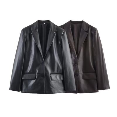 Womens Winter PU Leather Look Straight Cut Blazer Single Breasted Casual Streetwear Jacket