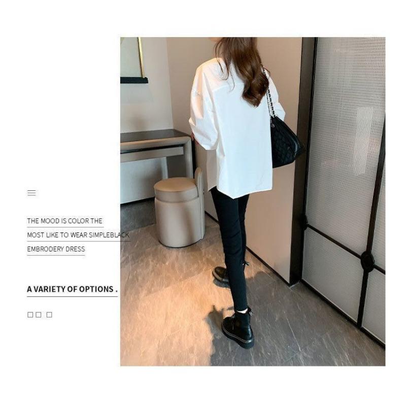 Women Loose Casual White Long Sleeve Polo Collar Open Front Shirt