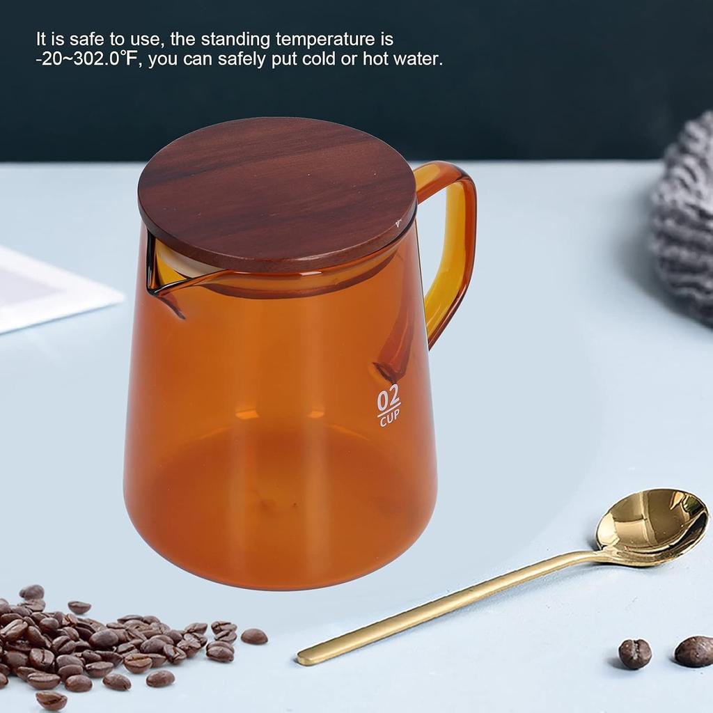 500ml Coffee Pot, Heat Resistant Borosilicate Glass Coffee Server, Glass Tea Pot with Wooden Lid Household Tea Kettle for Home Office (brown)