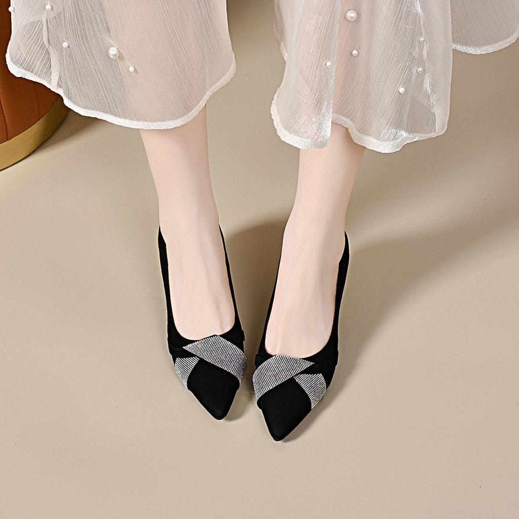 Pointed high heels women's spring and summer new black rhinestone stiletto single shoes one pedal simple temperament work shoes