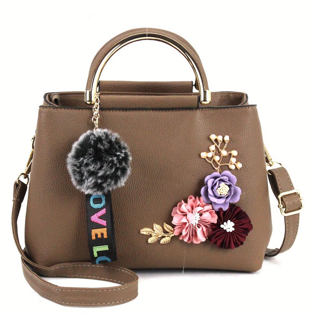 3D Flower Decor Handbag, Women's PU Leather Crossbody Bag, Fashion Small Top Handle Purse