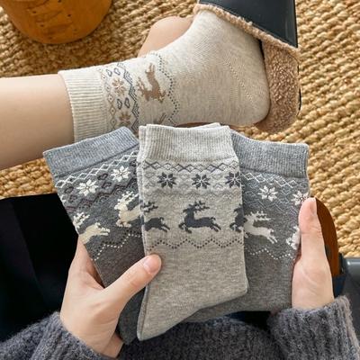 Graue Socken, Damen Retro Hirsch Baumwollsocken, Wadenlange Socken für Herbst und Winter, Ethnischer Stil, Frottee Lange Wadensocken