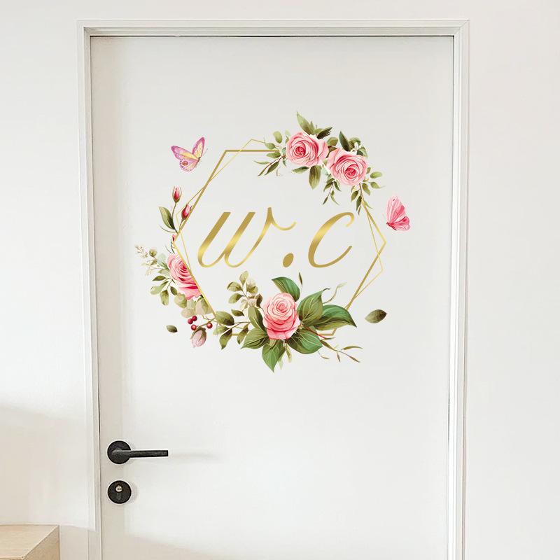 New Self-Adhesive Rose Butterfly Toilet Door Sticker Bathroom Wall Decoration Toilet Identification Sticker WC Sign Door Sticker