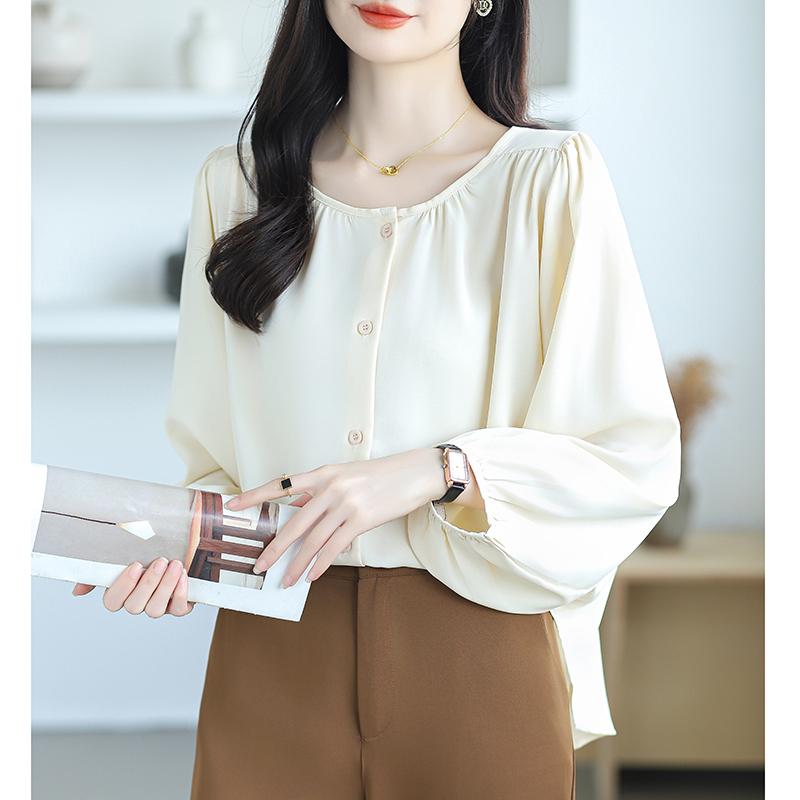 New Fashion Lantern Sleeve Loose Casual Blouse Women Single Breasted Elegant Solid Vintage Shirts Women Tops Round Neck Plus Size Ladies Blouses 26335