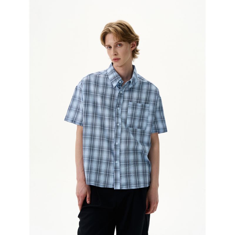 KISKO Summer American Seersucker Blue Gingham Casual Short Sleeve Shirt Men's and Women's Fancy Loose Shirt Ins