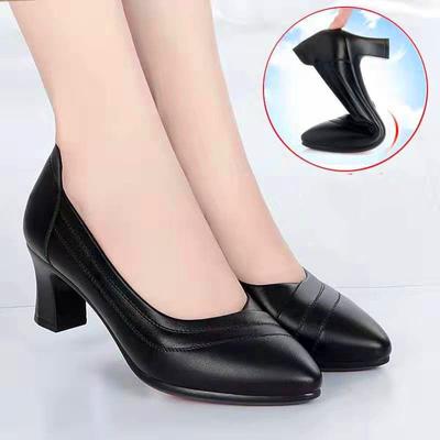 Comfortable Soft Leather Work Shoes Soft Sole Comfortable Mid-heel Four Seasons Single Shoes Women's Thick-heeled Non-slip Leather Shoes