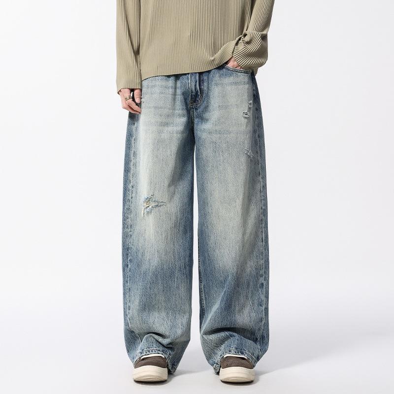 New Retro Gradual Change Color Ripped Flower Wide Leg Jeans, Men's Casual Loose Drape Trousers