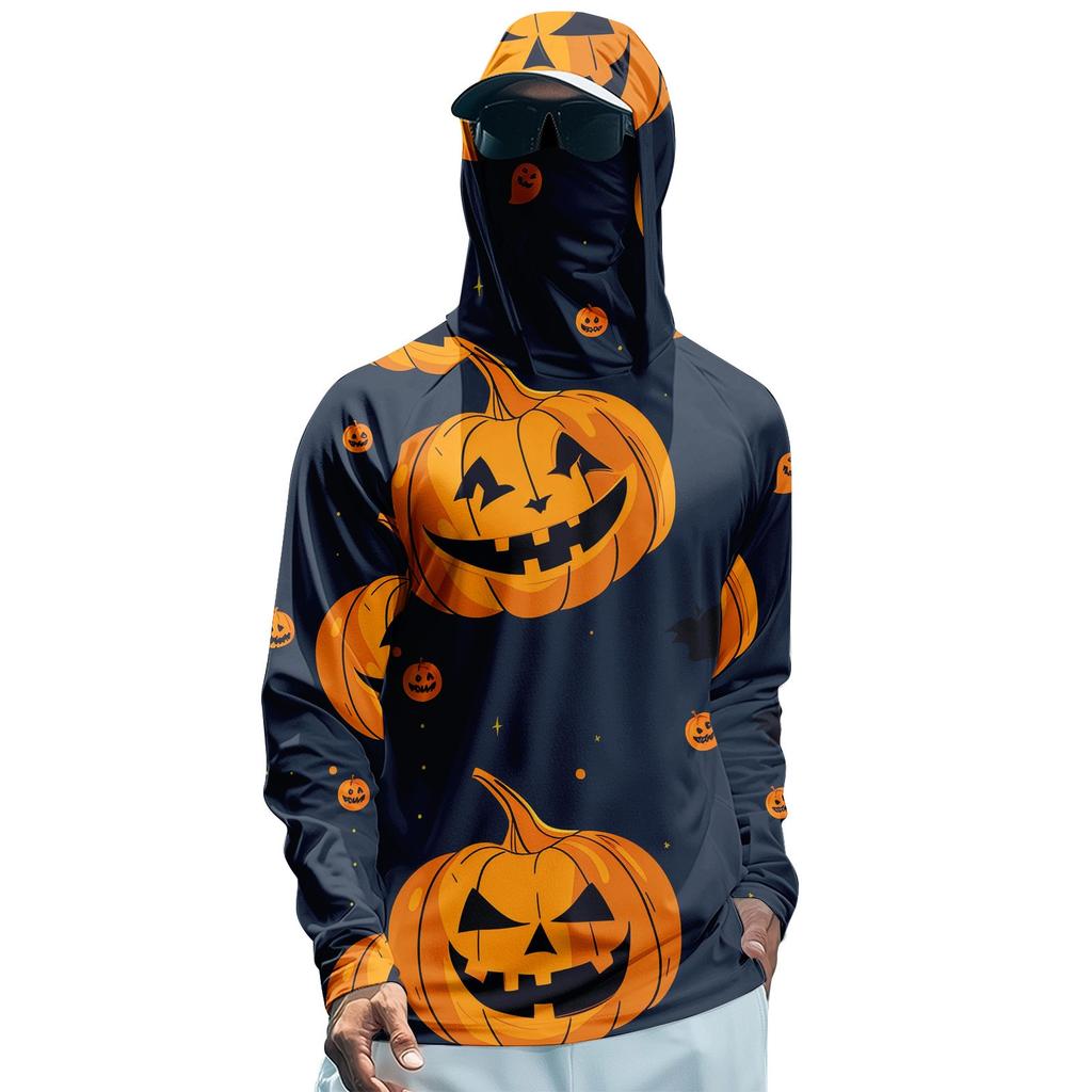 Funktions-Angel-Raglan-Hoodie für Herren mit Halloween-Print - UV-Schutz 50+ Langarm-Sonnenschutzshirt mit Mesh-Visier