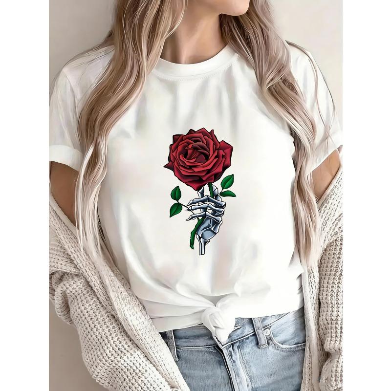 Weißes T-Shirt mit Skeletthand, die eine rote Rose hält, Druck für Freizeitkleidung