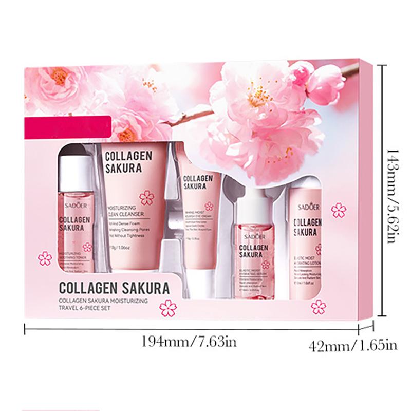 6-Piece Sakura Collagen Hydrating Travel Set - Cleanser, Toner, Lotion, Serum, Cream, Eye Cream for Smooth & Plump Skin