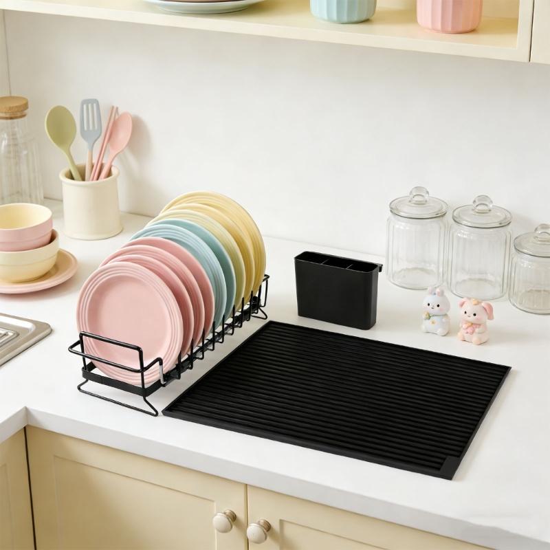 Adjustable Metal Dish Drainer Rack And Silicone Drying Mat Cutlery Holders For Compacts Kitchen Sink Organization Storage