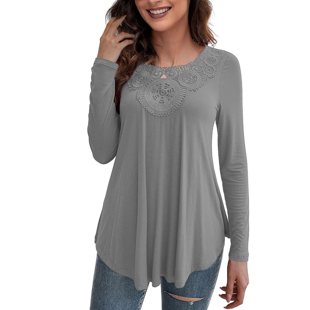 Fashion Women's  Long Sleeve Round Neck Lace Loose Soft Comfortable Elastic Tops