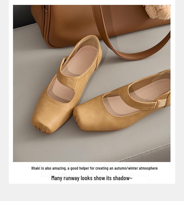 Women's Genuine Leather Ballet Flats, Autumn 2024, Square Toe, Chunky Heel, Vintage Low-Cut Mary Jane Shoes