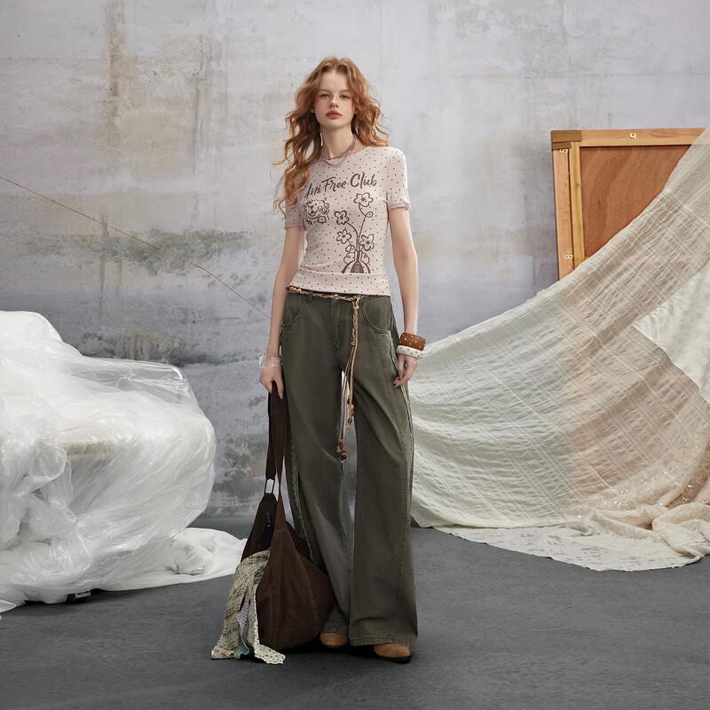 unifree 2026 Spring Retro Lace Wide-Leg Casual Pants with Belt