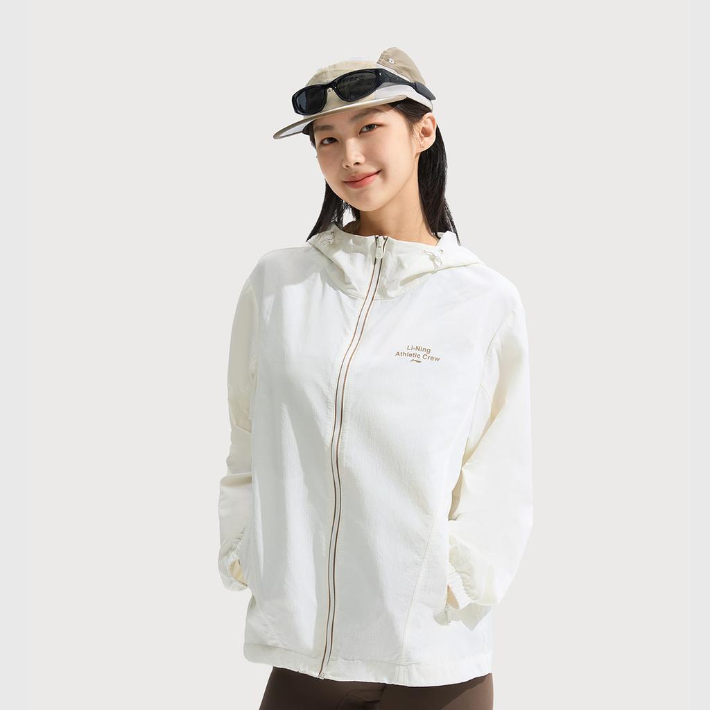 Li Ning Leaf Ruffle Sports Casual Minimalist Solid Color Hooded Zipper Loose Windbreaker Women Outerwear Off-White AFDV448-7