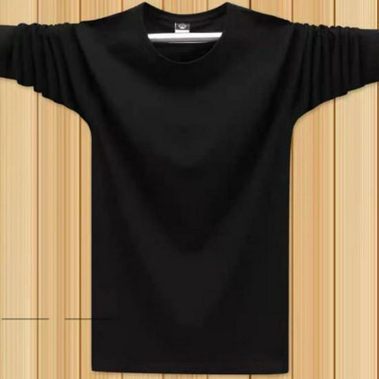 Men's Large Solid Color Round Neck T-Shirt, Long-Sleeved, Suitable for Spring and Autumn
