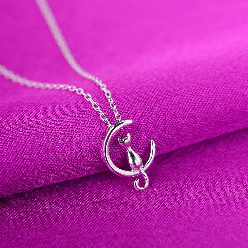 Sweet Moon Kitten Silver Necklace - Short Chain for Women, Korean Fashion Jewelry