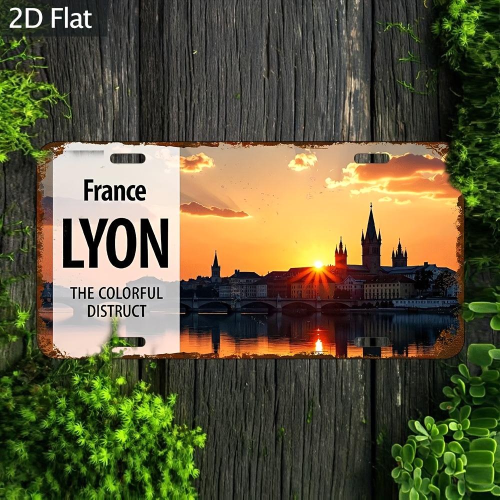 D Flat Aluminum Metal Wall Decoration Vintage Aged Style Design of Lyon France at Sunset with a Rural Bar Scene on The