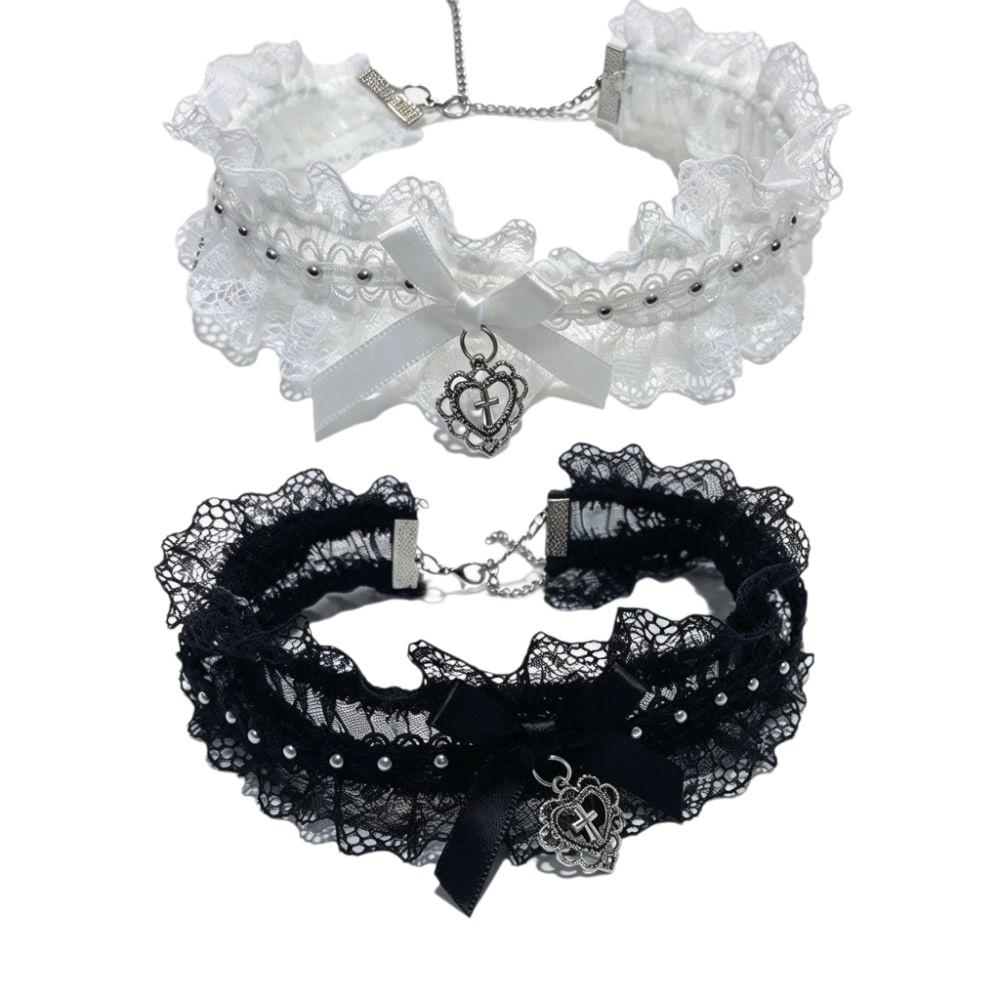 Bow Cross Heart Heart Pendant Necklace Vintage Y2K Collar Necklace Gifts Lace Necklace Daily Wear
