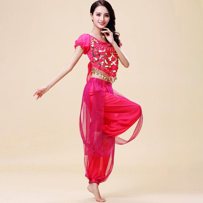 Belly Dance Costume Set for Women Crewneck Short Sleeve Tee Shirt Top Lantern Trousers Carnival Dancer Outfit Suit