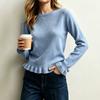 Womens Solid Round Neck Long Sleeve Ruffle Hem Knit Pullover Sweater