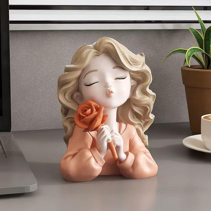 Wavy Blonde Hair Girl Figures Rose Flower Statue Desk Decoration Exquisite Character Resins Sculpture Room Aesthetics Decor