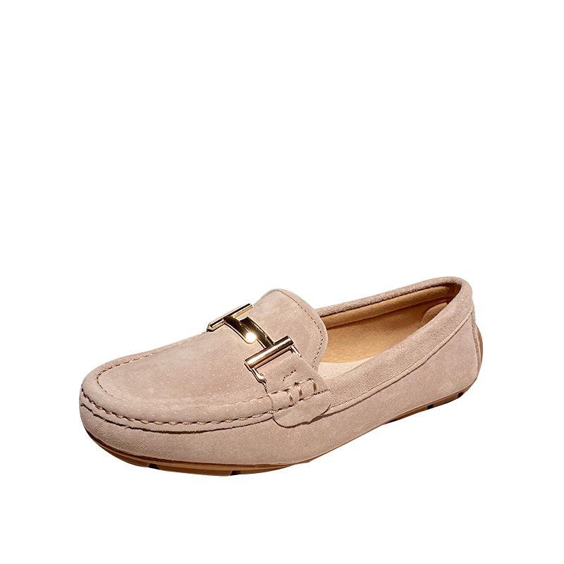 Fashion 2025 Brand Metal Buckle Mocasines Women Genuine Leather Shoes Pigskin Loafers Femmes Slip On Cow Suede Flats Woman Shoes Walking