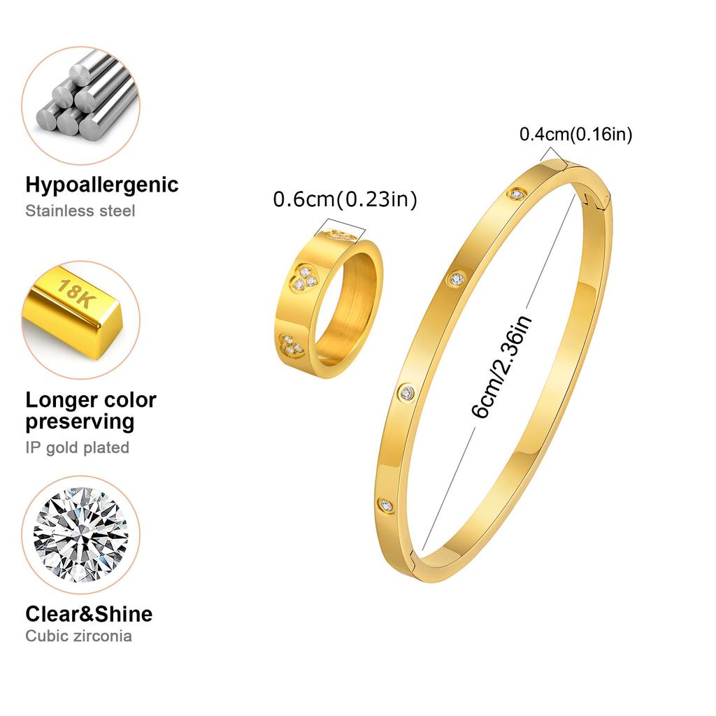 Vnox Luxury Love Ring Bracelets Gift for Women, Heart CZ Stone Inlay Gold Plated Stainless Steel Cuff Bangles, Mothers Day Gift