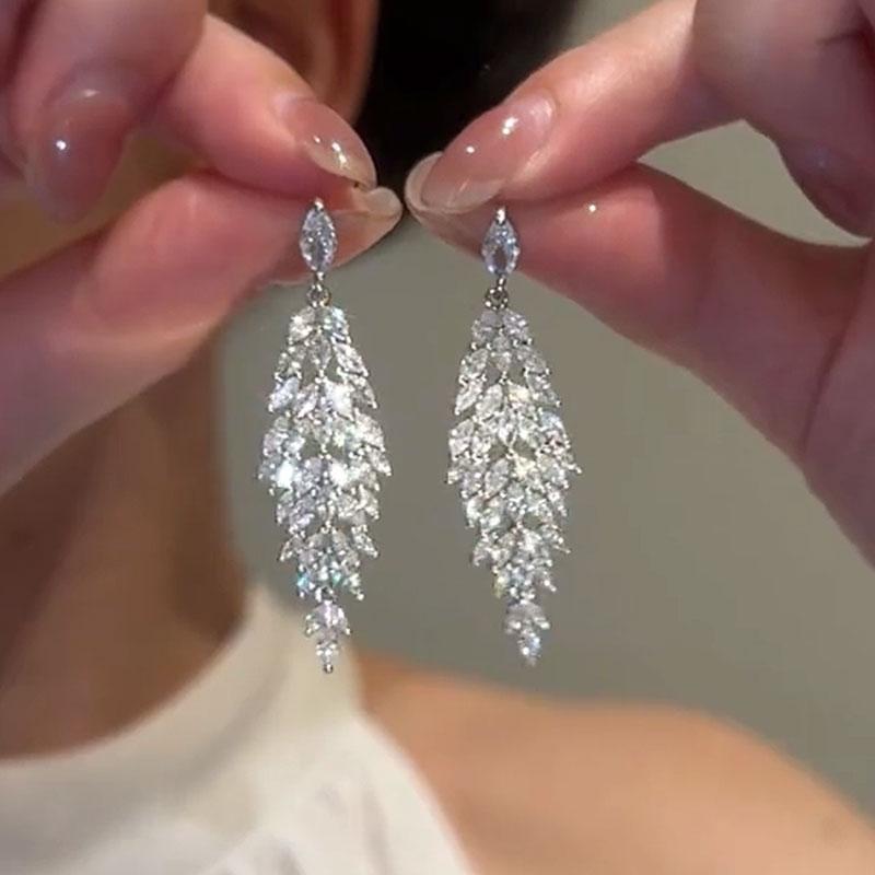 Silver Needle Diamond Water Drop Tassel Earrings - Elegant Court Style, Versatile & Luxurious Design.