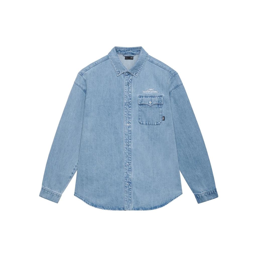 Li Ning Golden Era Washed Letter Pattern Printed Single-Breasted Denim Long Sleeve Shirt Men Shirts Light-Blue ASHT023-2