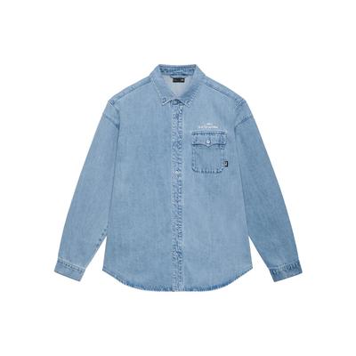 Li Ning Golden Era Washed Letter Pattern Printed Single-Breasted Denim Long Sleeve Shirt Men Shirts Light-Blue ASHT023-2