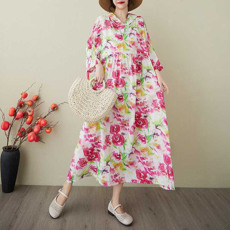 Ladies' Retro Gentle Wind and Cloud Brocade Cotton and Hemp Hooded Dress