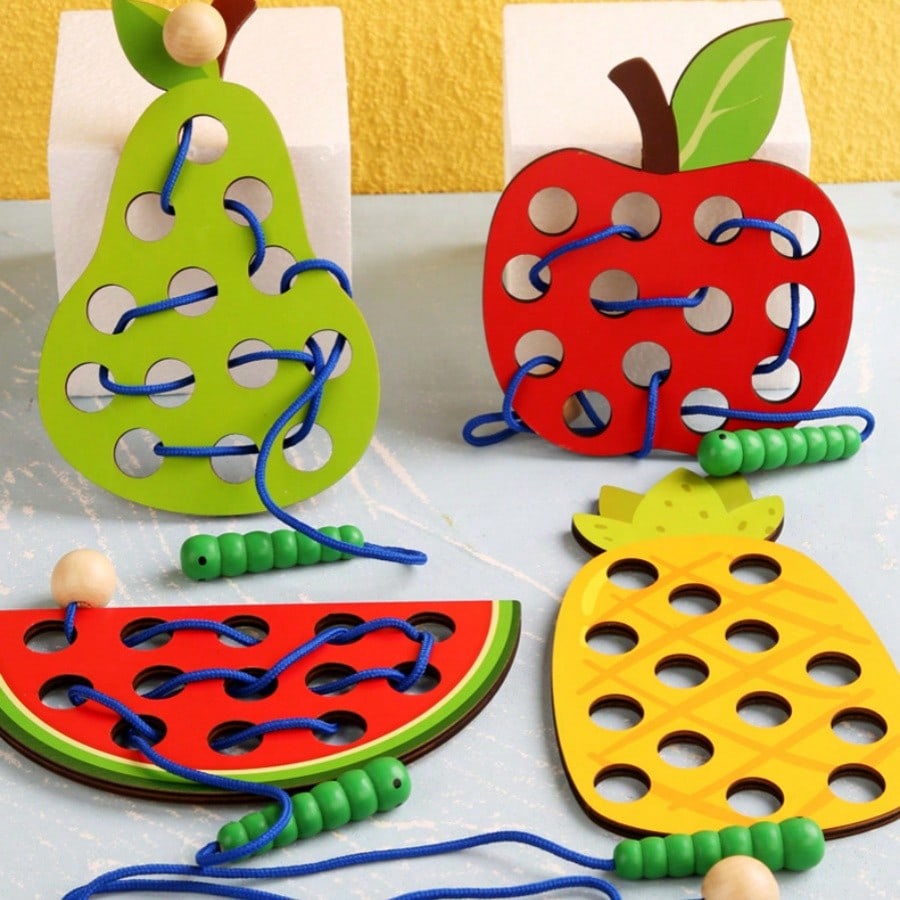 1pc Wooden Early Education Stringing Game Fruit Threading Board  In Colorful Gift Box, Educational Toy For Toddlers,Promotes Creativity,Threading Toy,