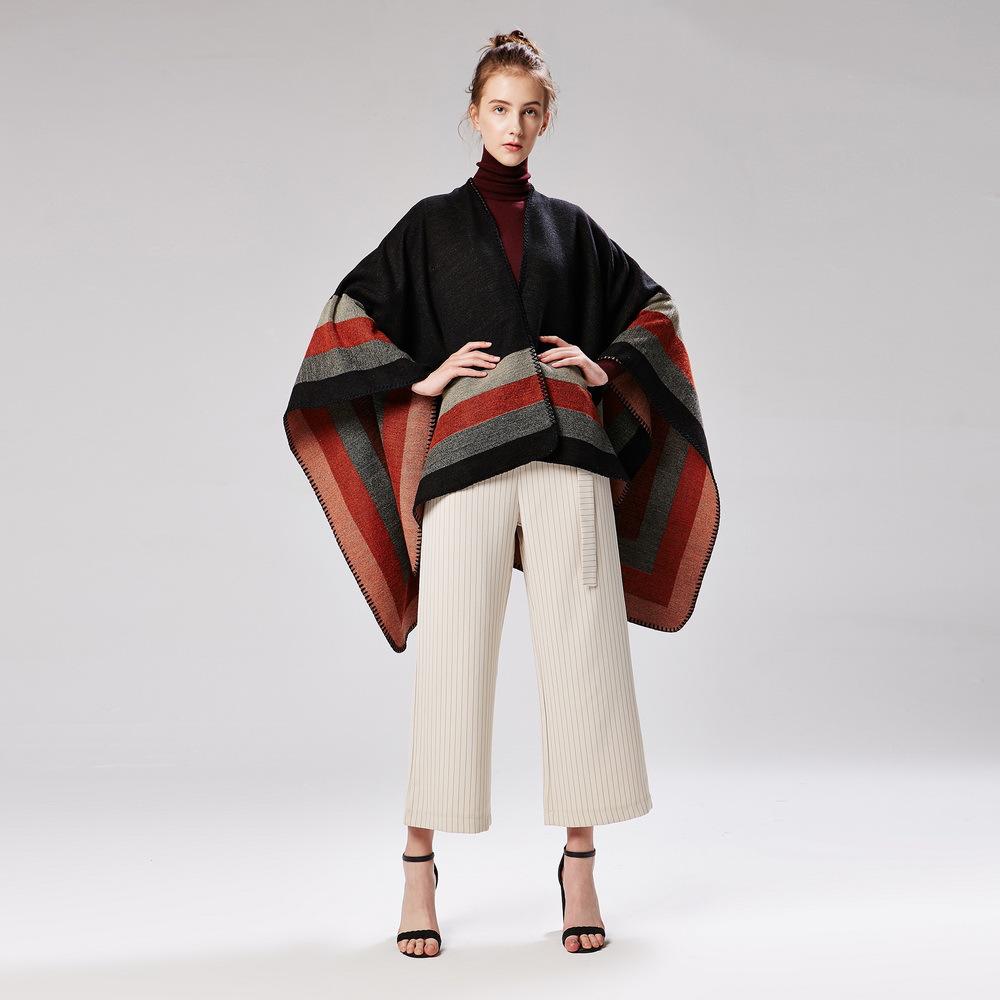 Damen Pashmina-Wickeltuch im europäischen und amerikanischen Stil, gestreift, geteilter Schal, Jacquard-Umhang, warmer Wintermantel