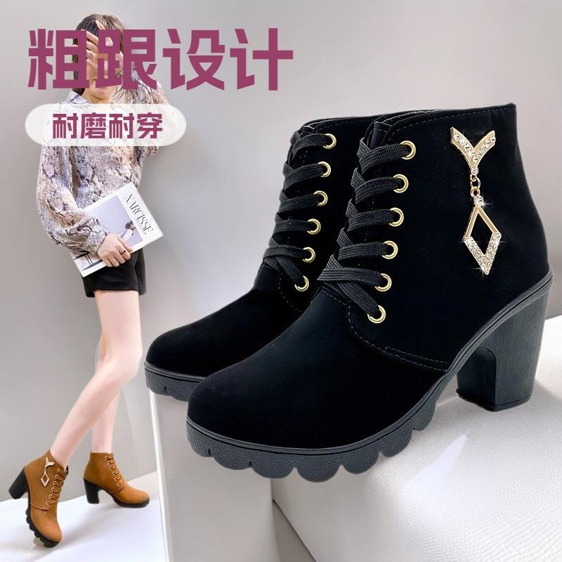2025 new personalized versatile high-heeled short boots spring and autumn bare boots Martin boots women's British style boots black light brown