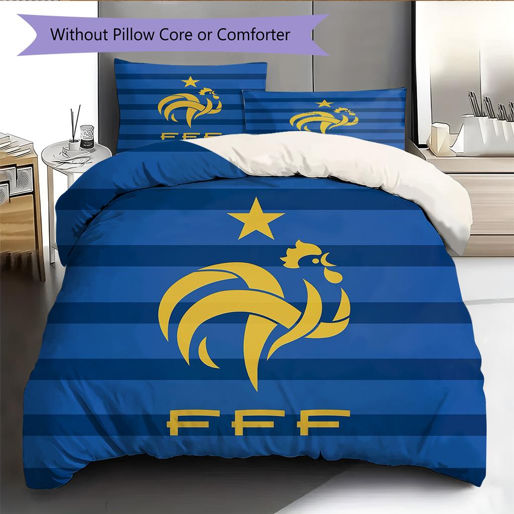 French Football Federation Pattern Bedding Quilt Set Home Decoration Gift (1 * Duvet Cover + 2 * Pillowcase Without Core)