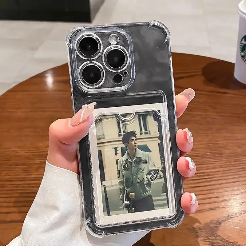 Carcasă transparentă cu slot pentru carduri pentru iPhone 16 15 14 Plus 13 11 12 16 Pro Max, transparentă, rezistentă la șocuri, cu portofel și bara de protecție