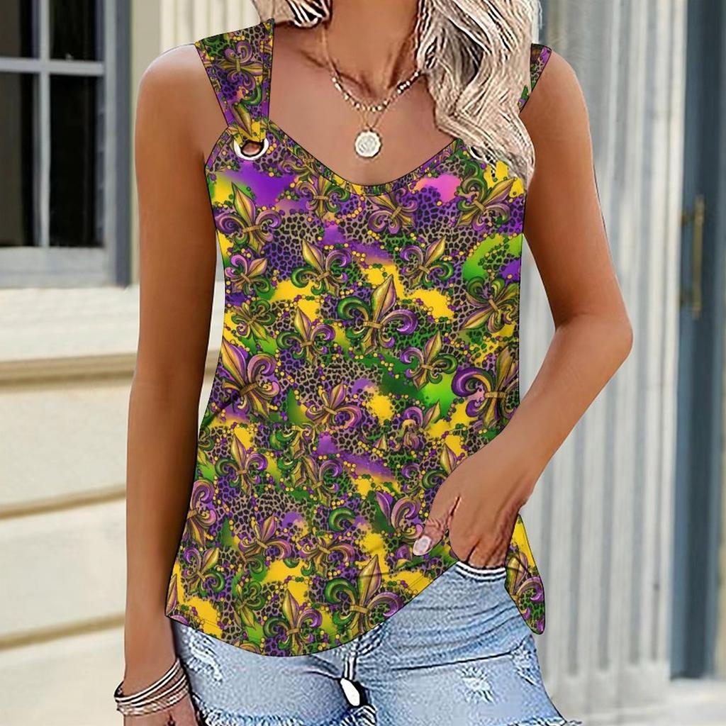 Ladies' Outdoor Casual Sports Double Loop Buckle Vest with Four-leaf Clover Print Pattern ,V-neck, Sleeveless, Medium Stretch Fabric
