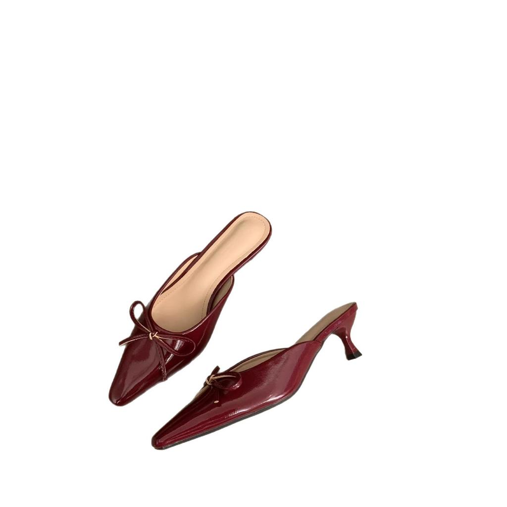 In the summer of 2025, the new bow mid-heel Muller shoes bag head half slippers women's large size high-heeled single shoes cool slippers