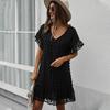 Robe courte décontractée sexy à col en V noir pour femmes, unie, avec pompon, style vacances d'été printemps pour dames