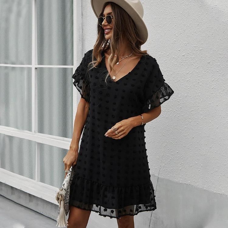 Black V Neck Sexy Short Casual Dress for Women Solid Hairball Summer Spring Holiday Style Laddies