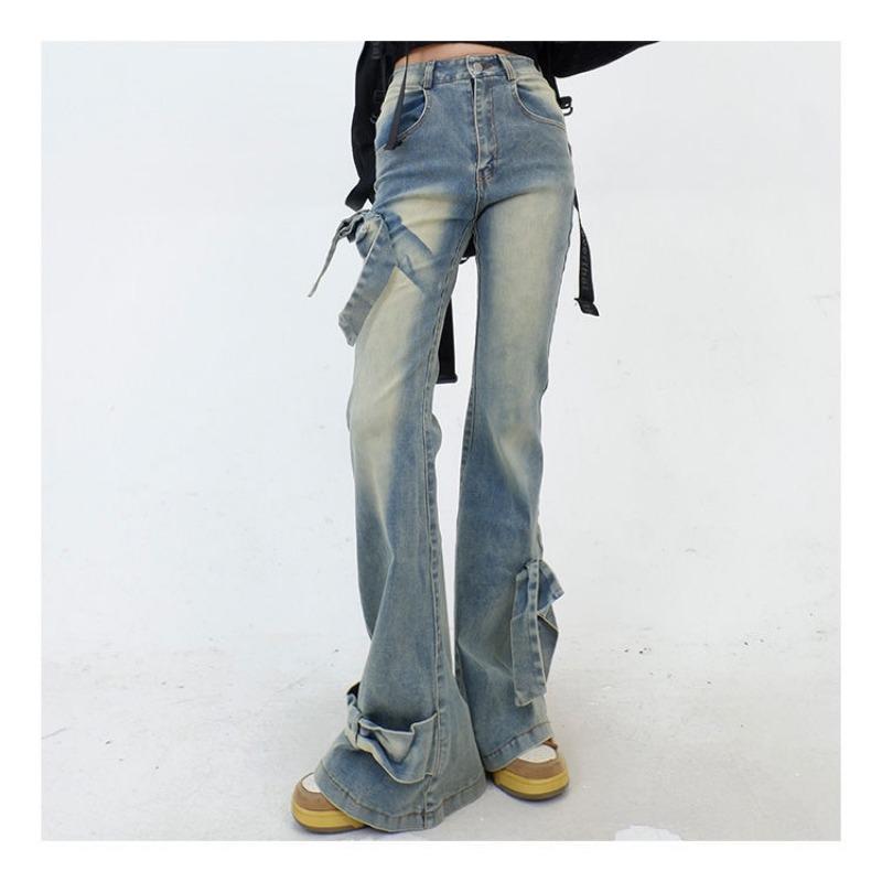 Jeans a zampa blu con fiocco da donna Harajuku Estetica anni '90 Streetwear Pantaloni di jeans larghi Pantaloni jeans Y2k Vestiti trashy vintage anni 2000