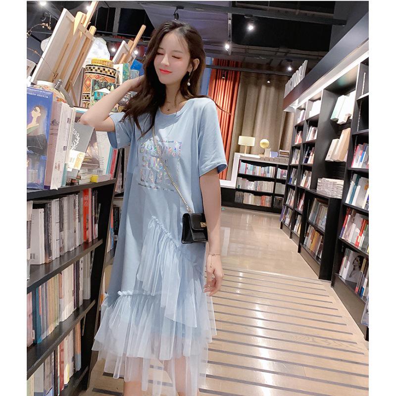 

Трендовое летнее сетчатое платье-футболка с буквенным принтом и пышной юбкой-феей 2025 3XL синий