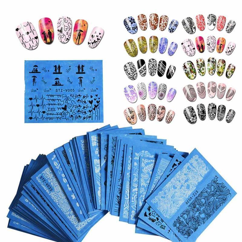 

48 листов/набор Черно-белые кружевные цветочные наклейки для ногтей Красота Нейл-арт Водные наклейки для декора